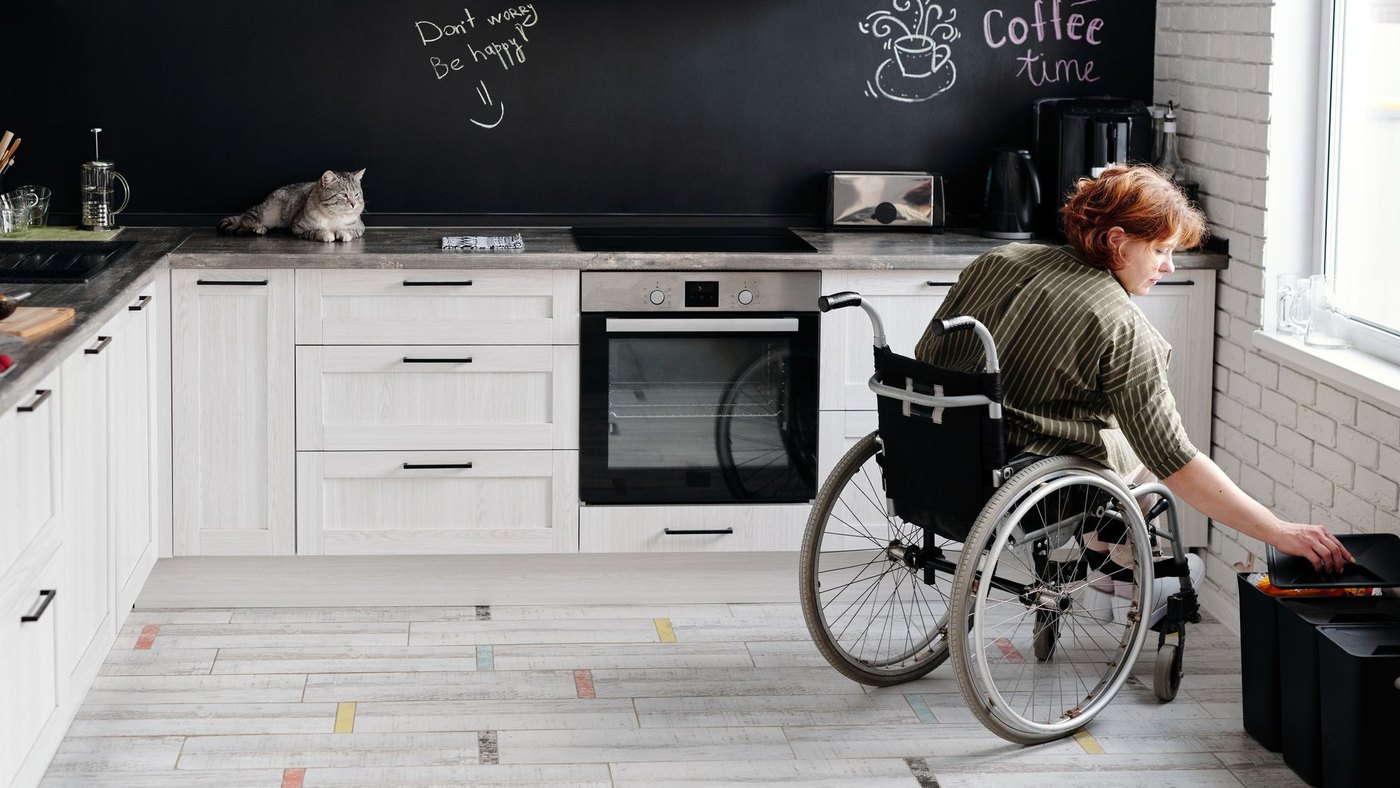 Accessible home environment with clear pathways and mobility aids